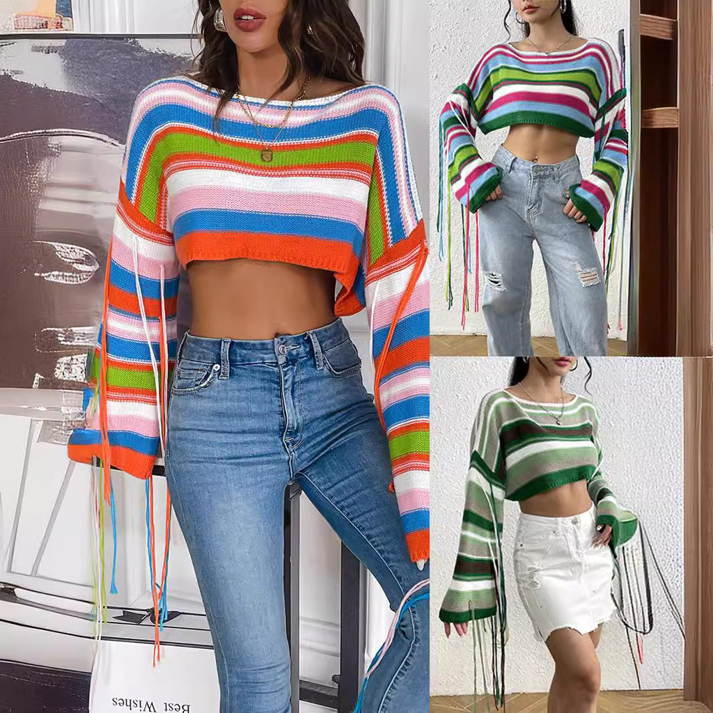 Vibrant Striped Loose Cropped Sweater with Bell Sleeves