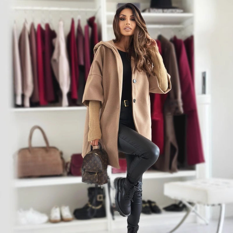 Chic Loose Fit Hooded Open Front Mid-Length Everyday Cardigan Coat