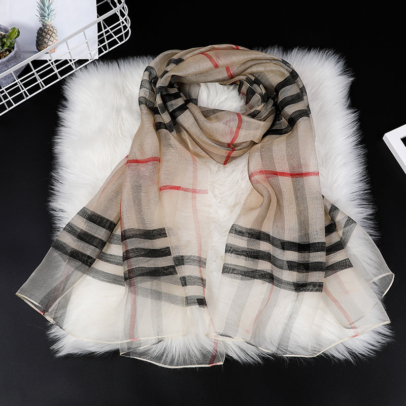 Classic Plaid Silk Scarf for Women - Versatile Style