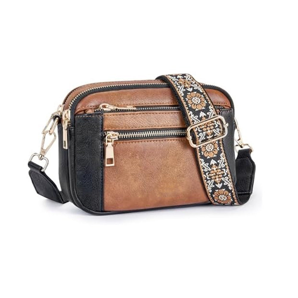 Chic Triple-Zipper Crossbody Bag with Floral Strap - Multi-functional