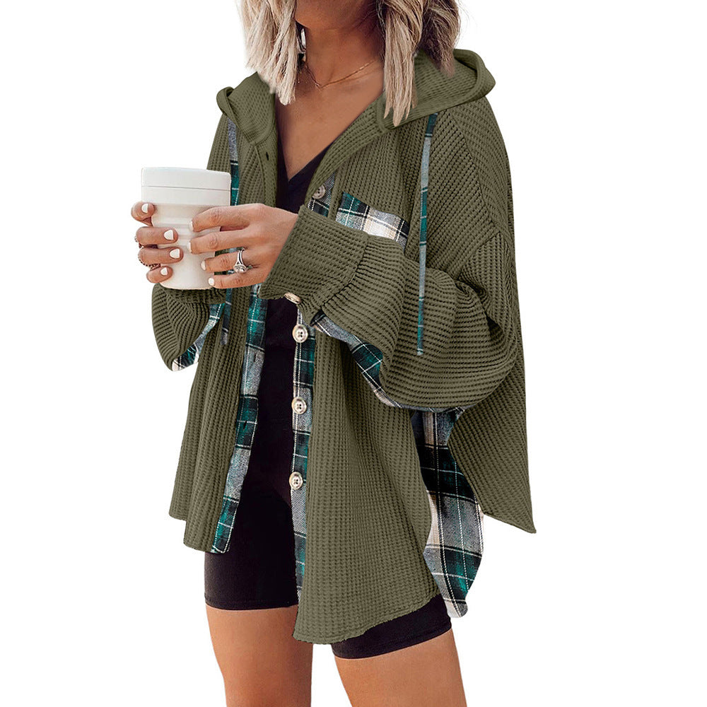 Effortless Plaid Hooded Waffle Knit Shacket for Casual Style