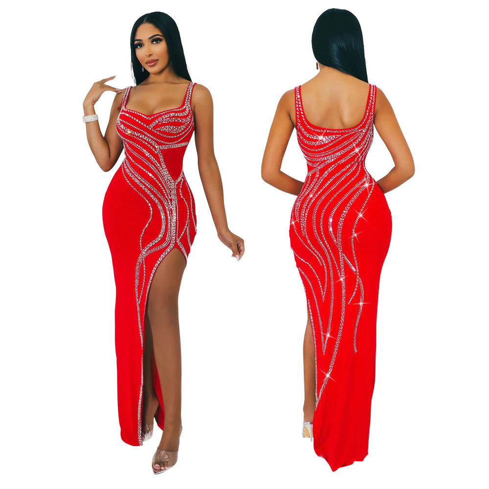 Glamorous Rhinestone High Slit Maxi Dress - Elegant Evening Party Gown