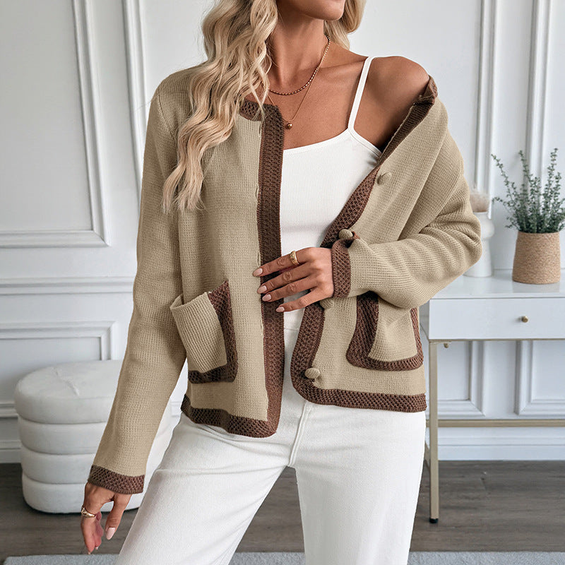 Chic Contrast Trim Knitted Cardigan Cozy Sweater Coat