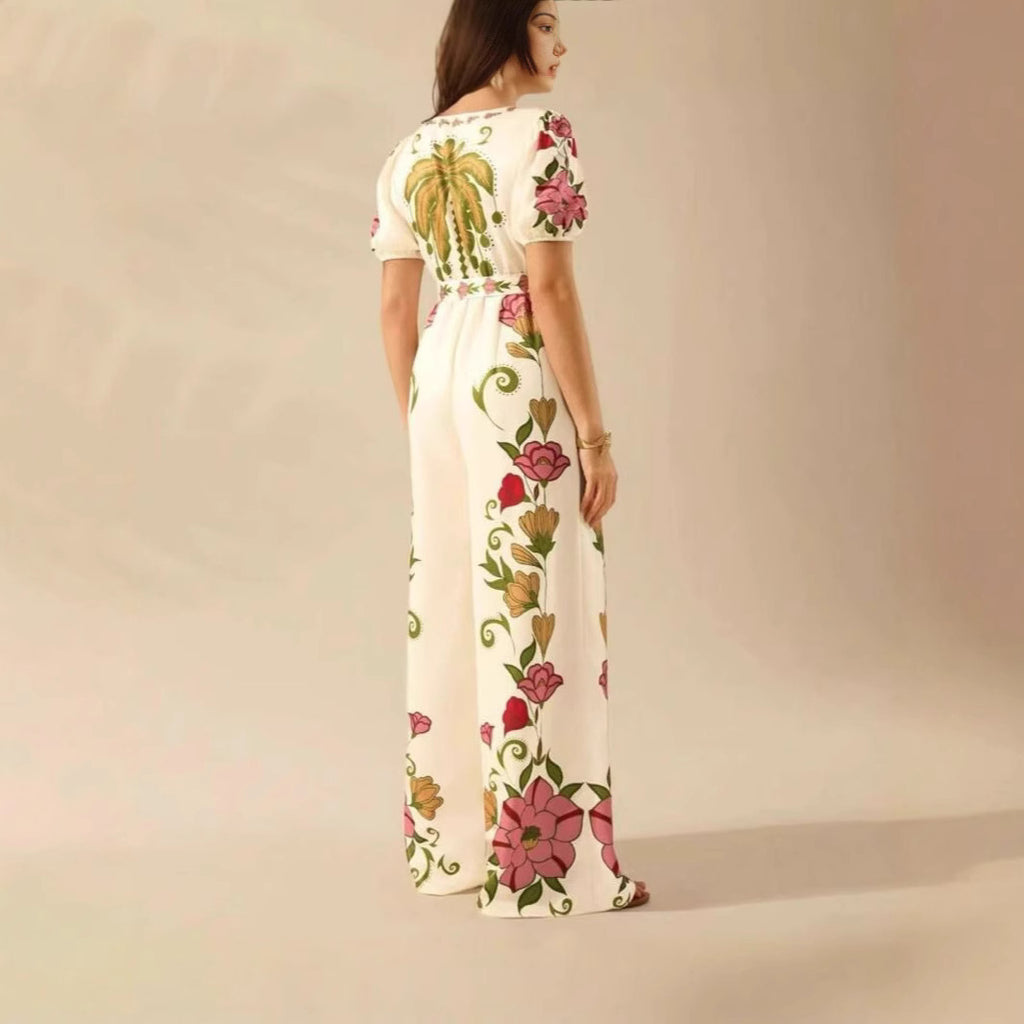 Stylish Women's Floral Deep V Neck Wide Leg Jumpsuit with Waist Tie