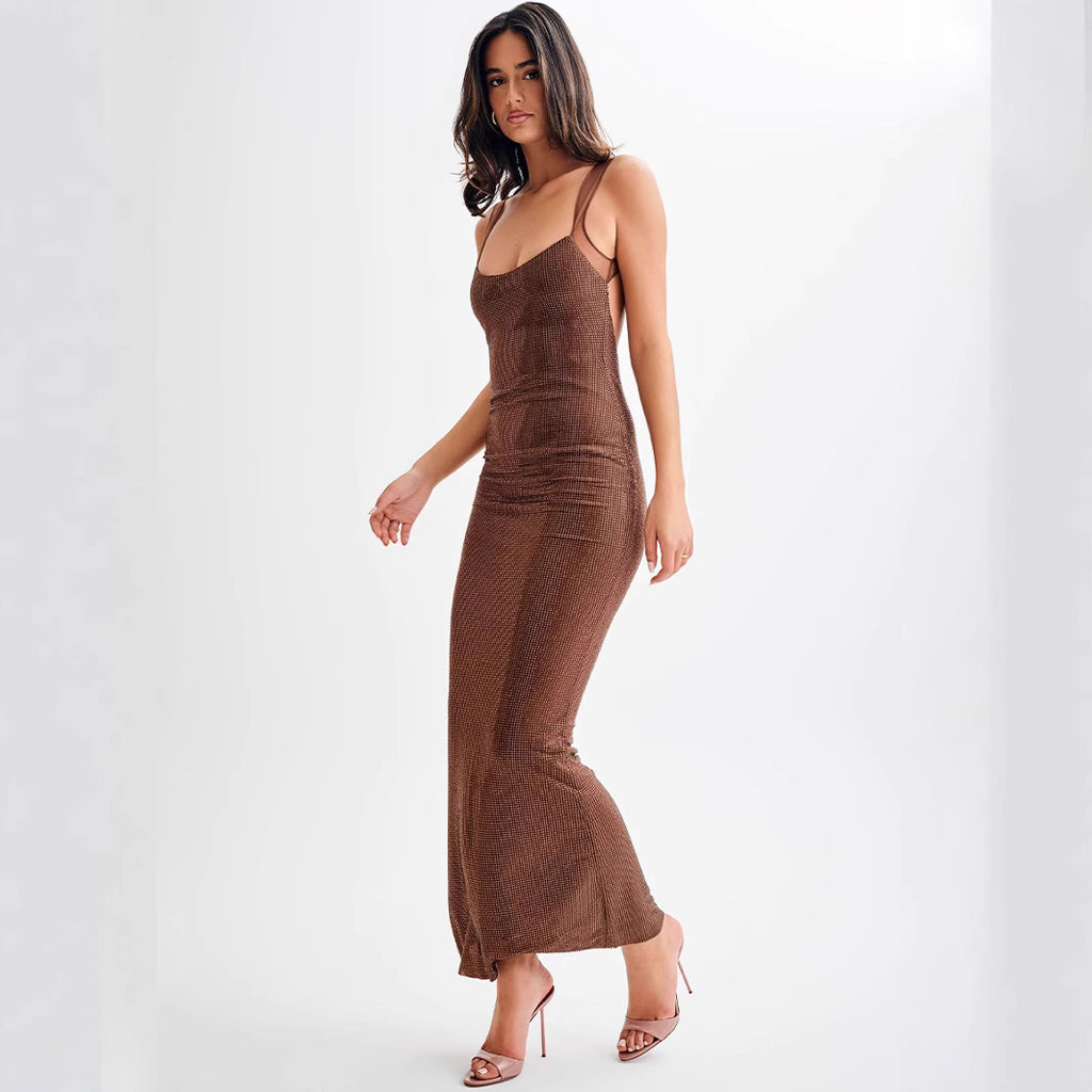 Elegant Brown Rhinestone Maxi Dress | Strappy Evening Gown