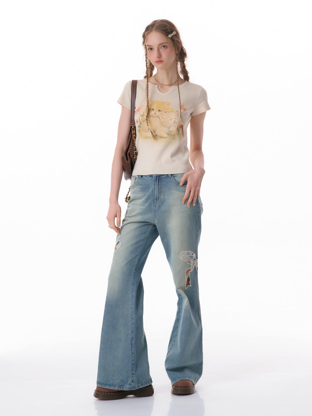 Y2K Bow Patch High Waist Wide Leg Jeans