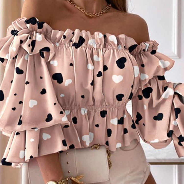 Chic Floral Off-Shoulder Blouse with Ruffled Long Sleeves