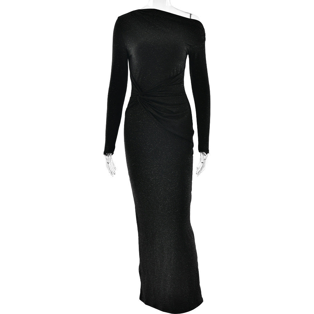 Elegant Glitter One Shoulder Long Sleeve Bodycon Party Dress
