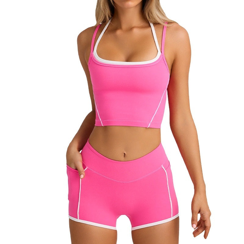 High Elastic Spaghetti Strap Crop Top and Shorts Fitness Activewear Set