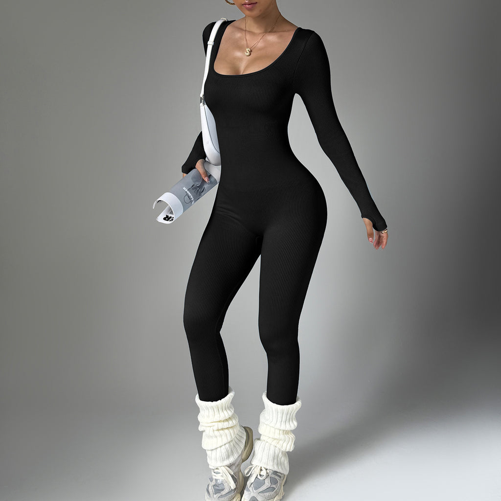 Form Fitting Long Sleeve Ribbed Activewear Bodysuit for Yoga and Fitness