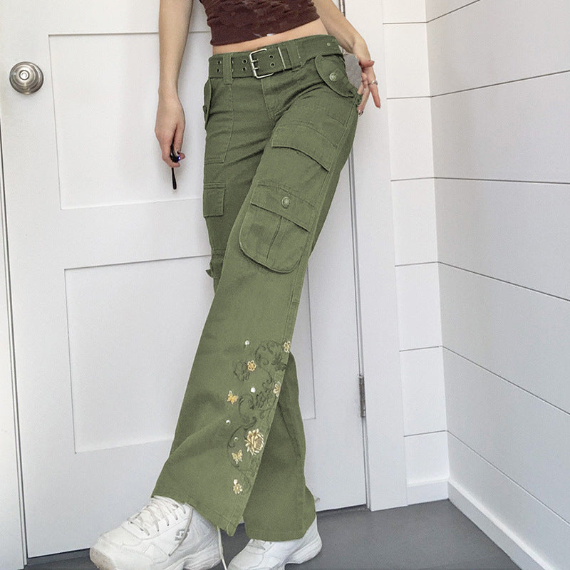 Vintage Low Waist Embroidered Cargo Pants - Y2K Style