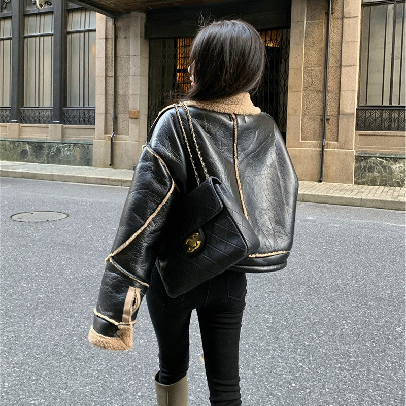 Chic Faux Leather Aviator Jacket with Warm Sherpa Lining and Buckle Details