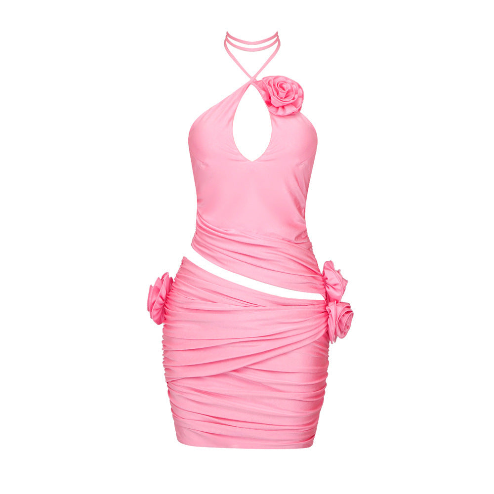 Chic Pink Halter Ruched Mini Dress with 3D Flowers