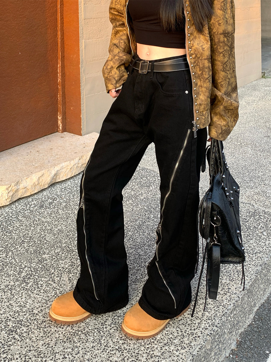 Black Baggy Zipper Jeans - Edgy Streetwear Style