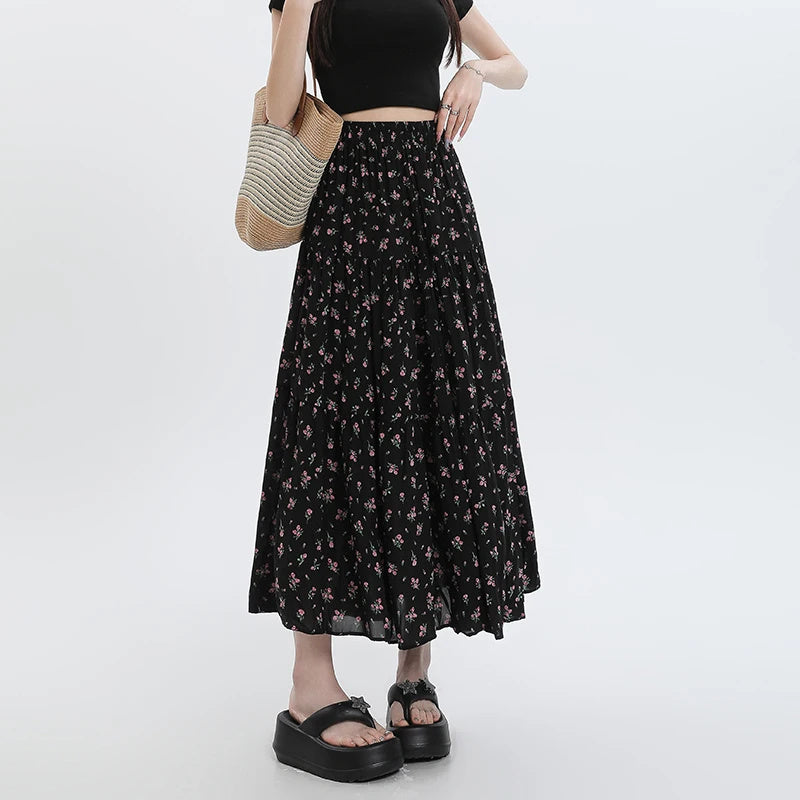 Bohemian Floral Chiffon Maxi Skirt - High Waist A-Line Tiered