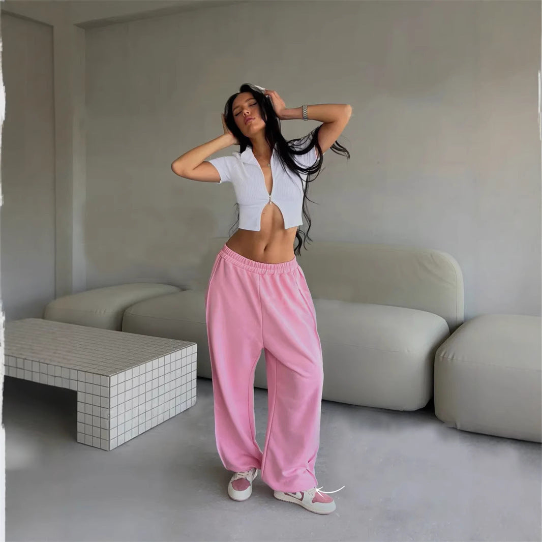 Effortless Street Style Wide Leg Elastic Waist Joggers for Women