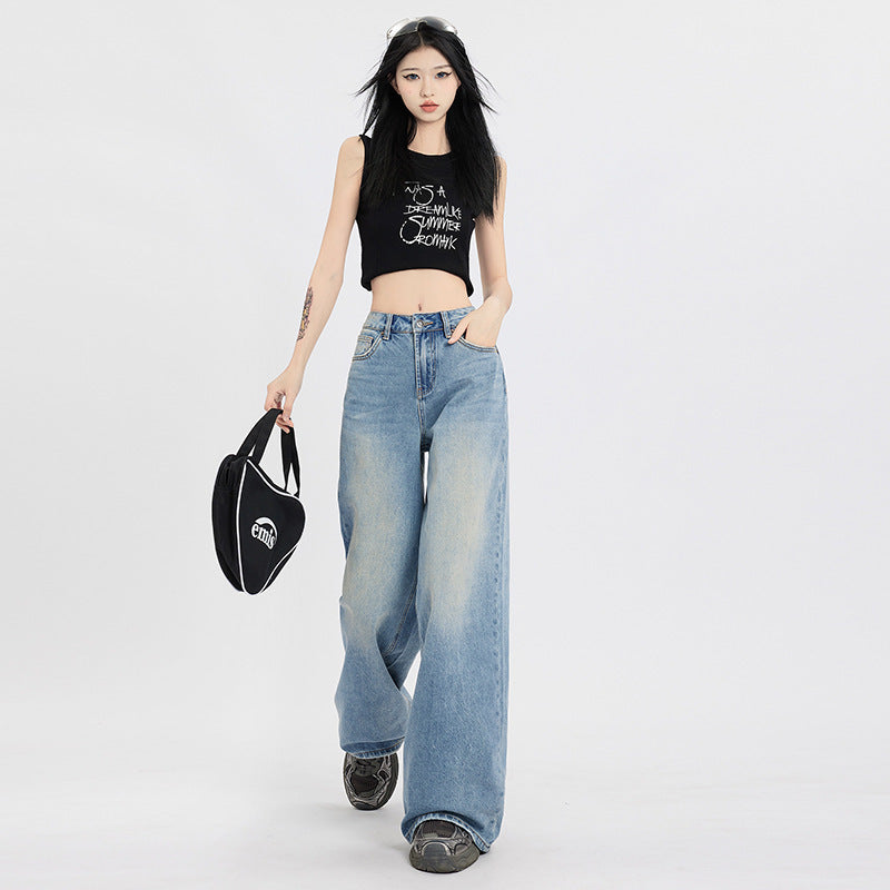 Women's High Waist Retro Loose Wide Leg Jeans - Casual Denim