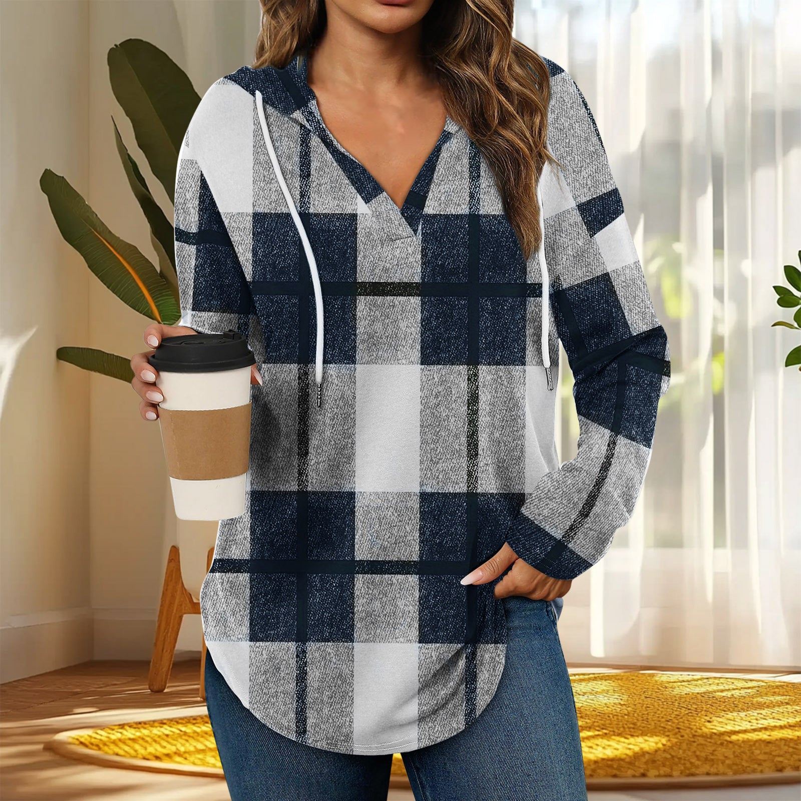 Casual Plaid Long Sleeve Hooded Pullover with Adjustable V-Neck Drawstring
