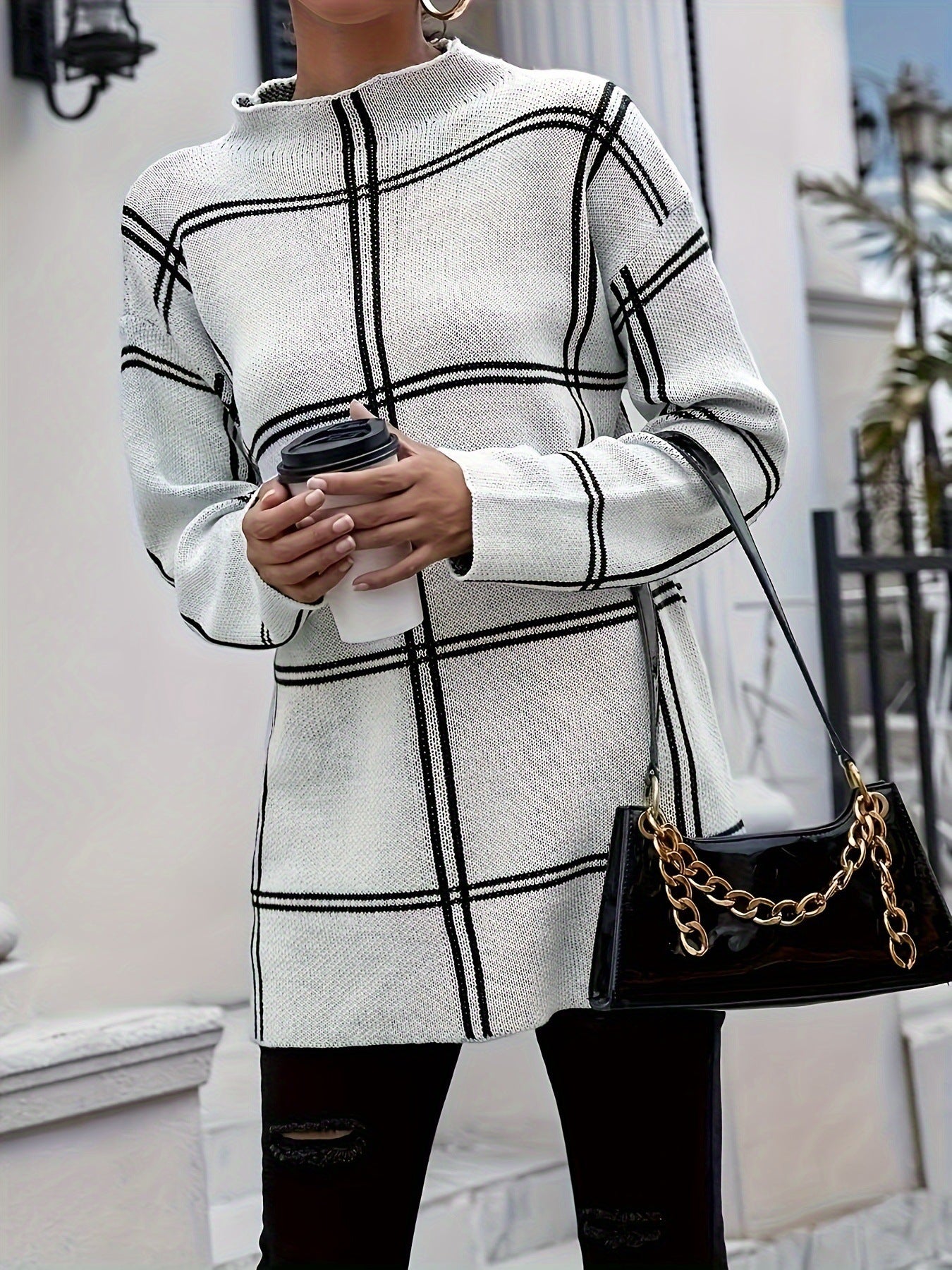 Elegant Grid Knit Mock Neck Long Sleeve Pullover Sweater Top