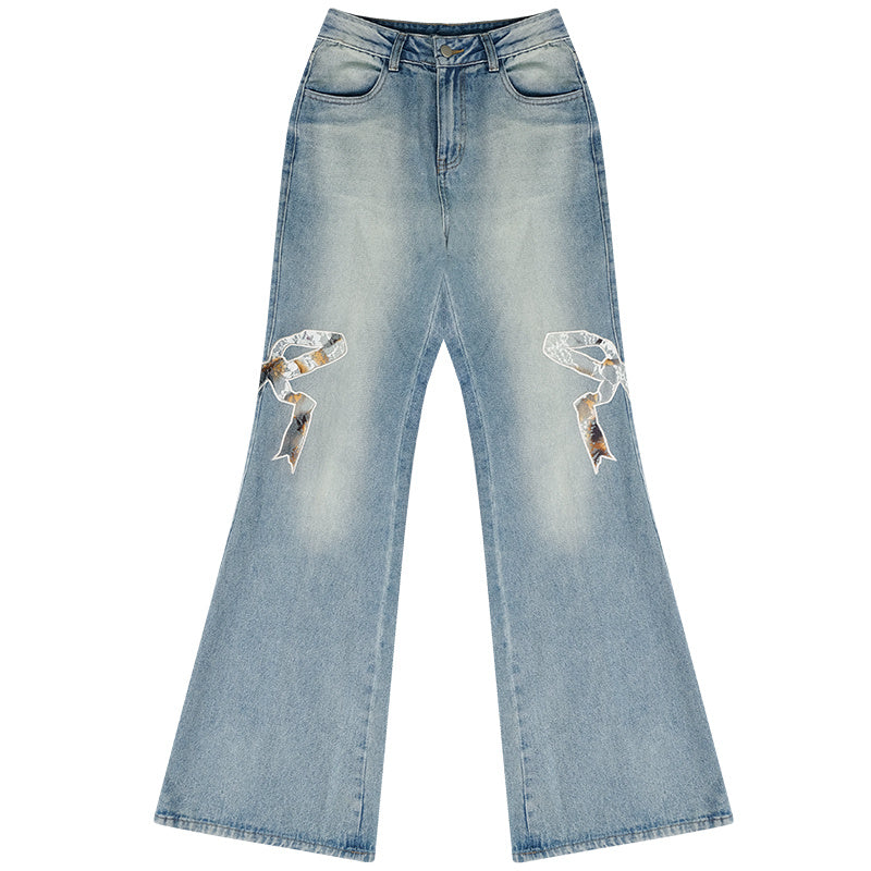 Y2K Bow Patch High Waist Wide Leg Jeans