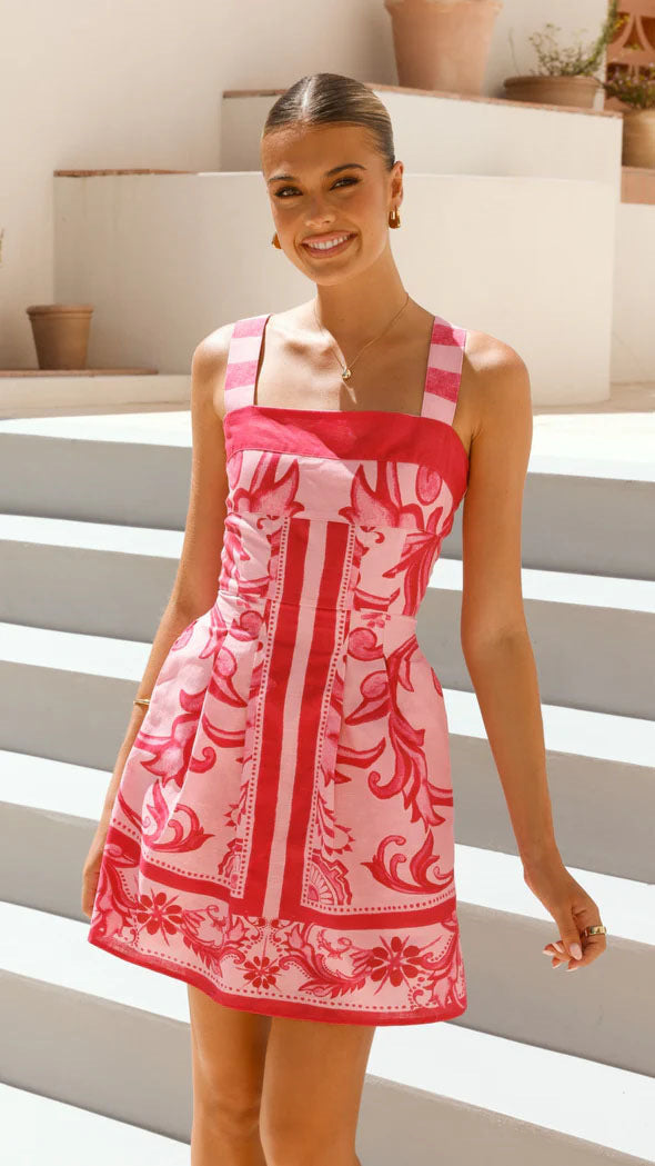 Vibrant Floral Printed Suspender Mini Dress for Summer