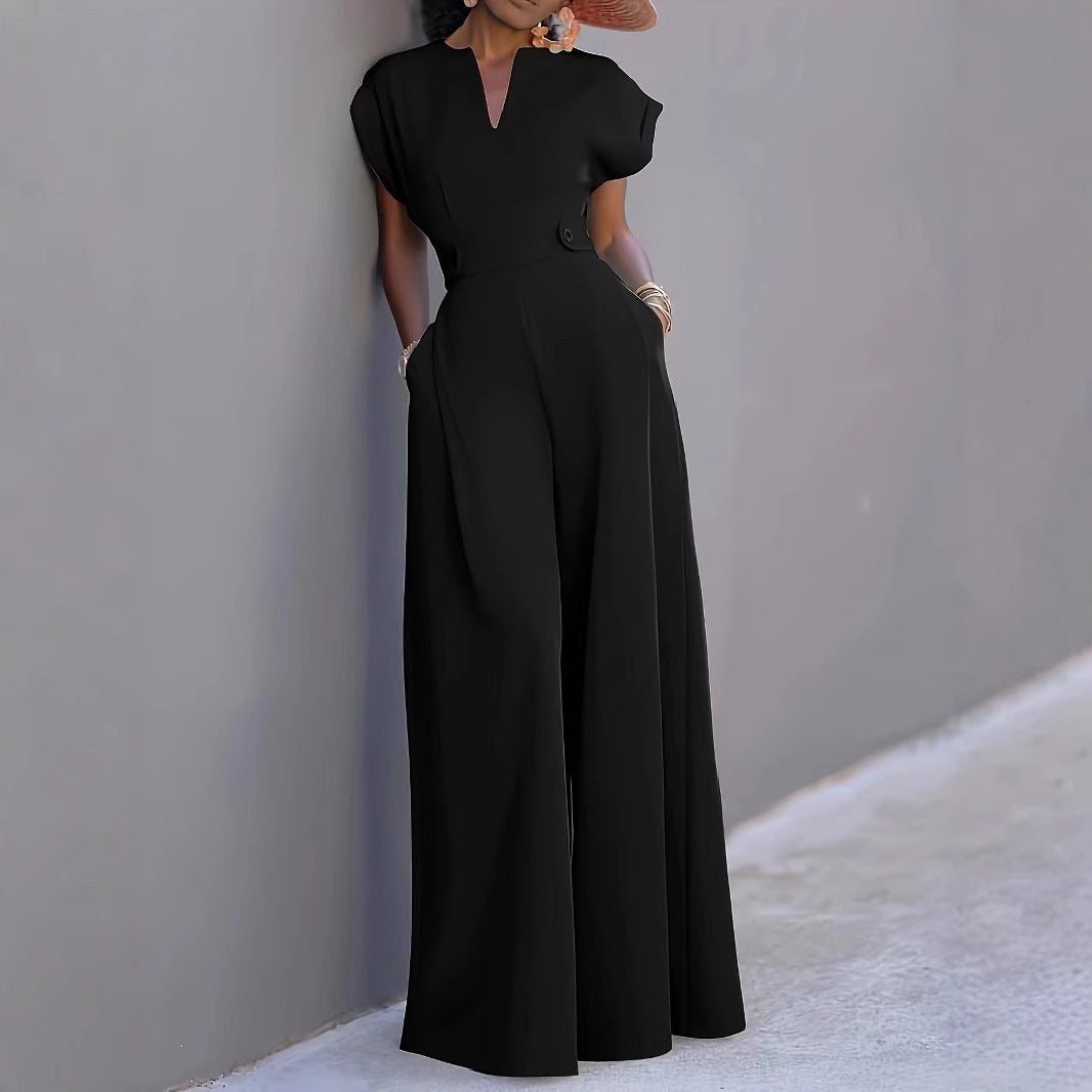 Elegant V-Neck Wide-Leg Belted Jumpsuit with Pockets