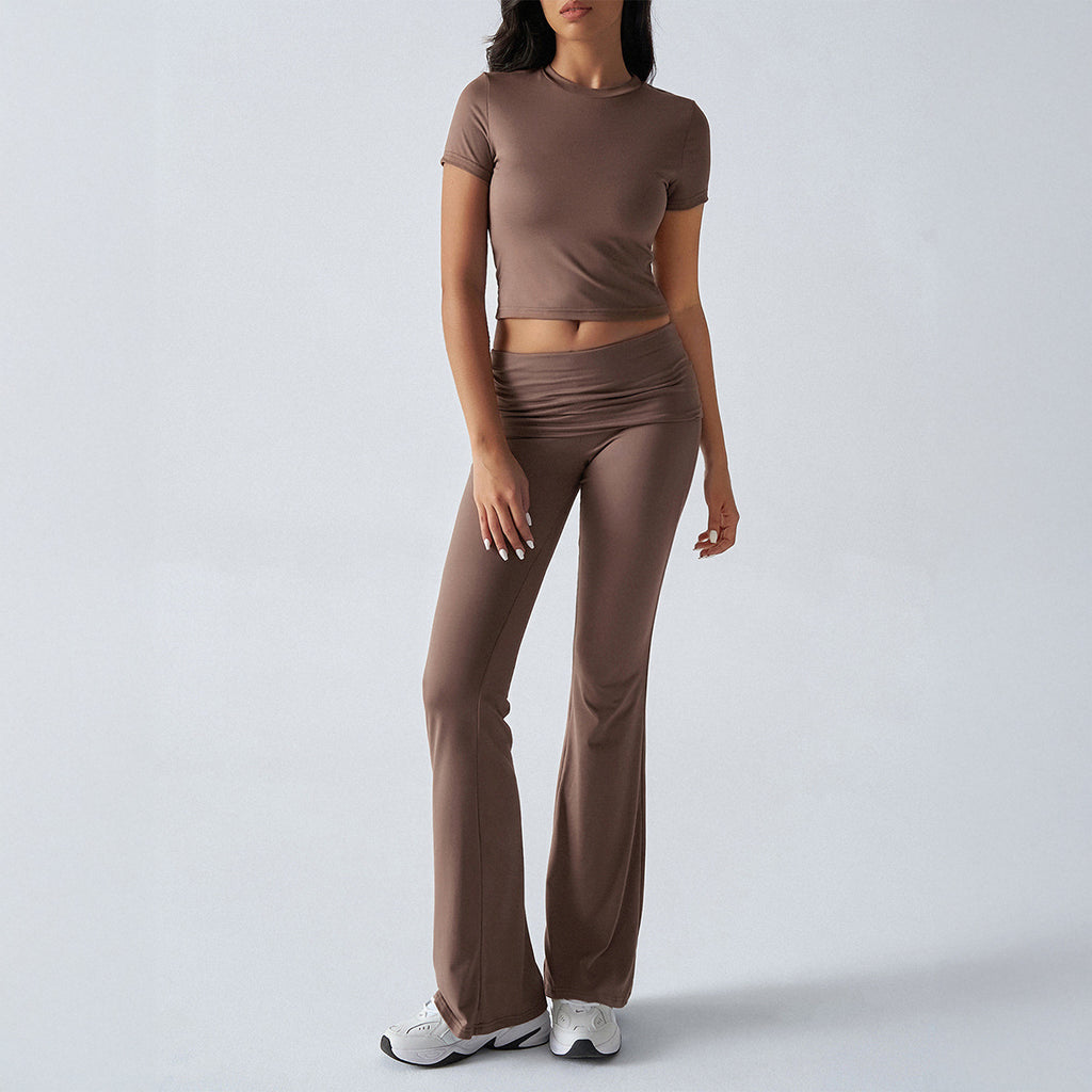 Comfortable Solid Color Short Sleeve Crop Top and Flared Leg Pants Co ord Set