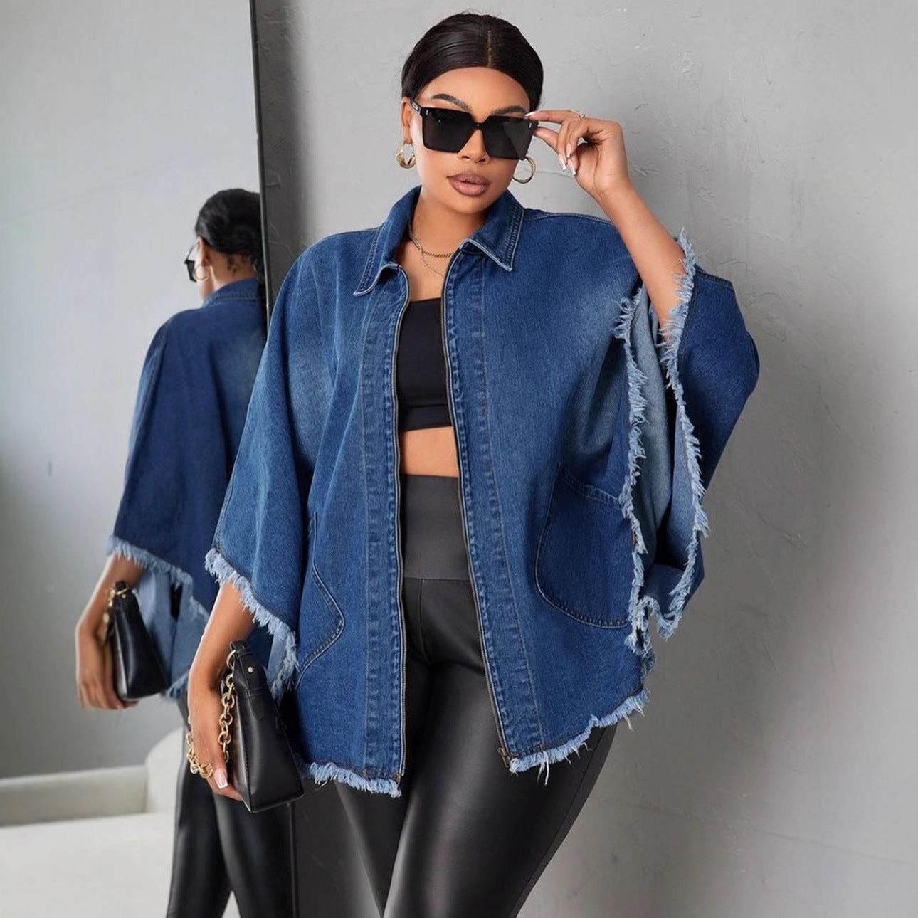 Effortless Street Style Loose Fit Denim Jacket with Raw Edge Batwing Sleeves