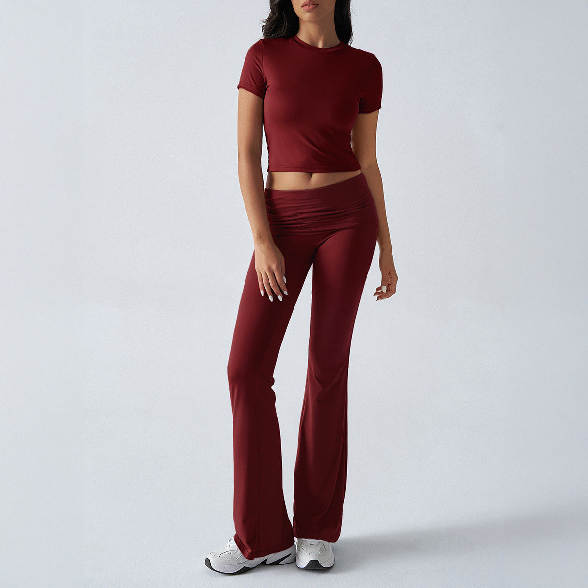 Comfortable Solid Color Short Sleeve Crop Top and Flared Leg Pants Co ord Set