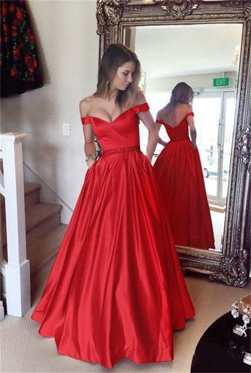 Elegant Off-Shoulder A-Line Evening Gown with Pockets for Women
