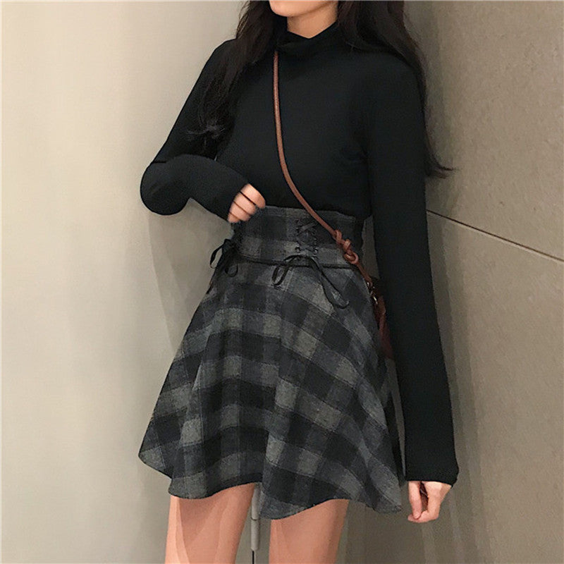 Chic Dark Gray Plaid High Waist Mini Skirt with Lace-Up Detail