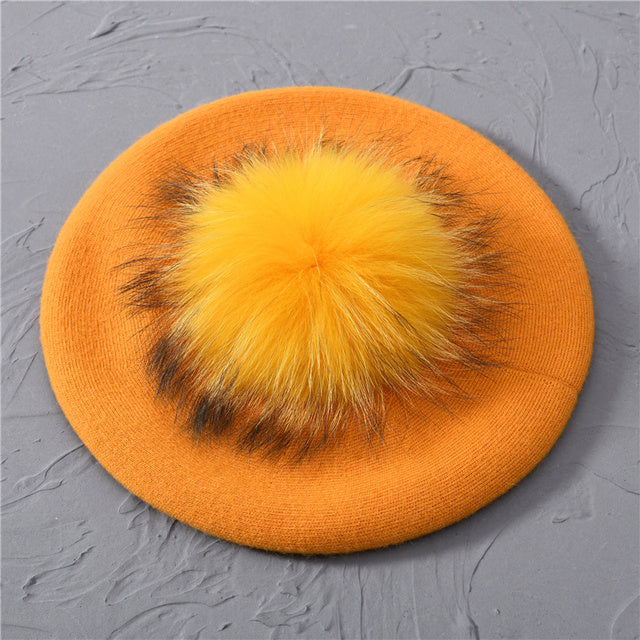 Women's Wool Beret with Real Raccoon Fur Pom Pom