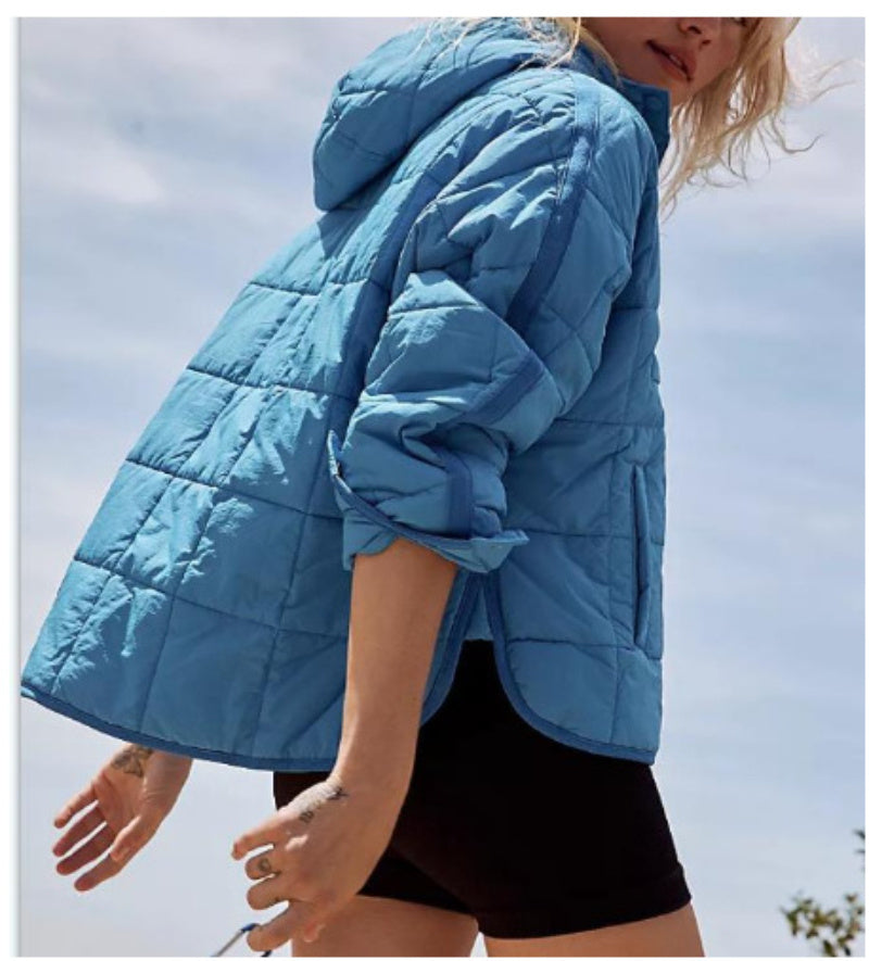 Relaxed Fit Quilted Hooded Long Sleeve Pullover Snap Button Top