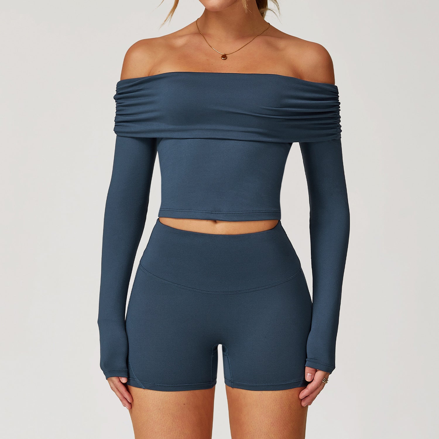 Effortless Off Shoulder Long Sleeve Crop Top and High Waist Shorts Set