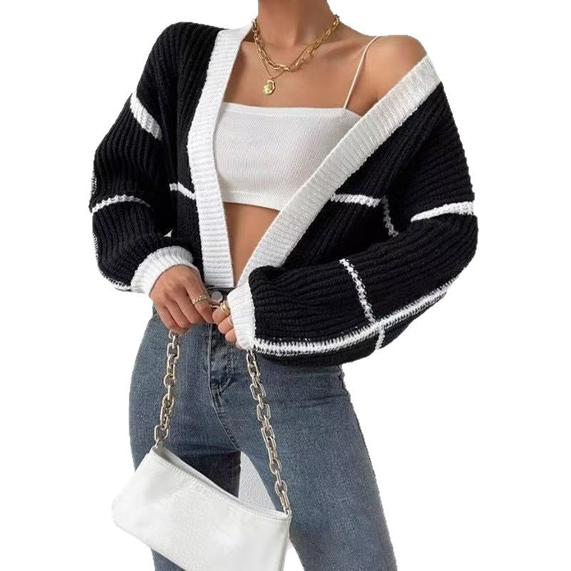 Chic Color Block Striped Knit Cardigan with Relaxed Lantern Sleeves