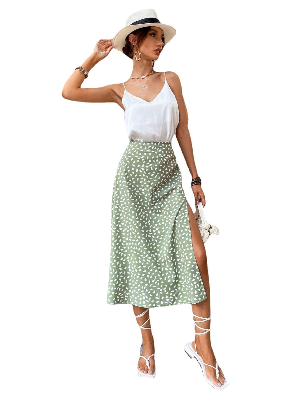 Chic Polka Dot A Line Midi Skirt with Stylish Slit for Everyday Elegance