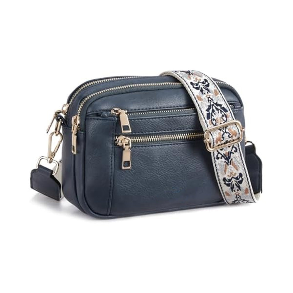 Chic Triple-Zipper Crossbody Bag with Floral Strap - Multi-functional