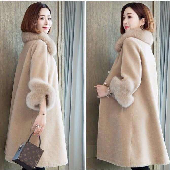 Elegant Faux Fur Mid-length Coat with Plush Collar and Cuffs