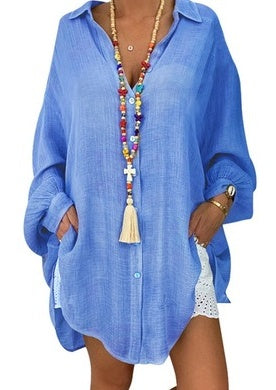 Relaxed Fit Cotton Blend Tunic Blouse - Casual Long Sleeve Shirt
