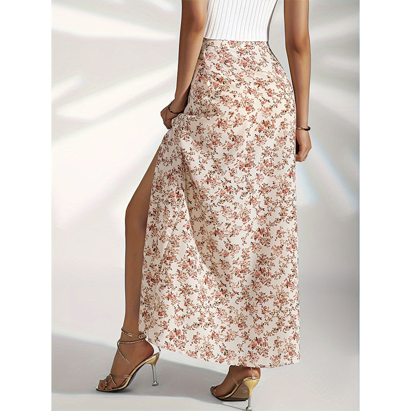 High Waist Floral Print Maxi Skirt with Elegant Side Slit
