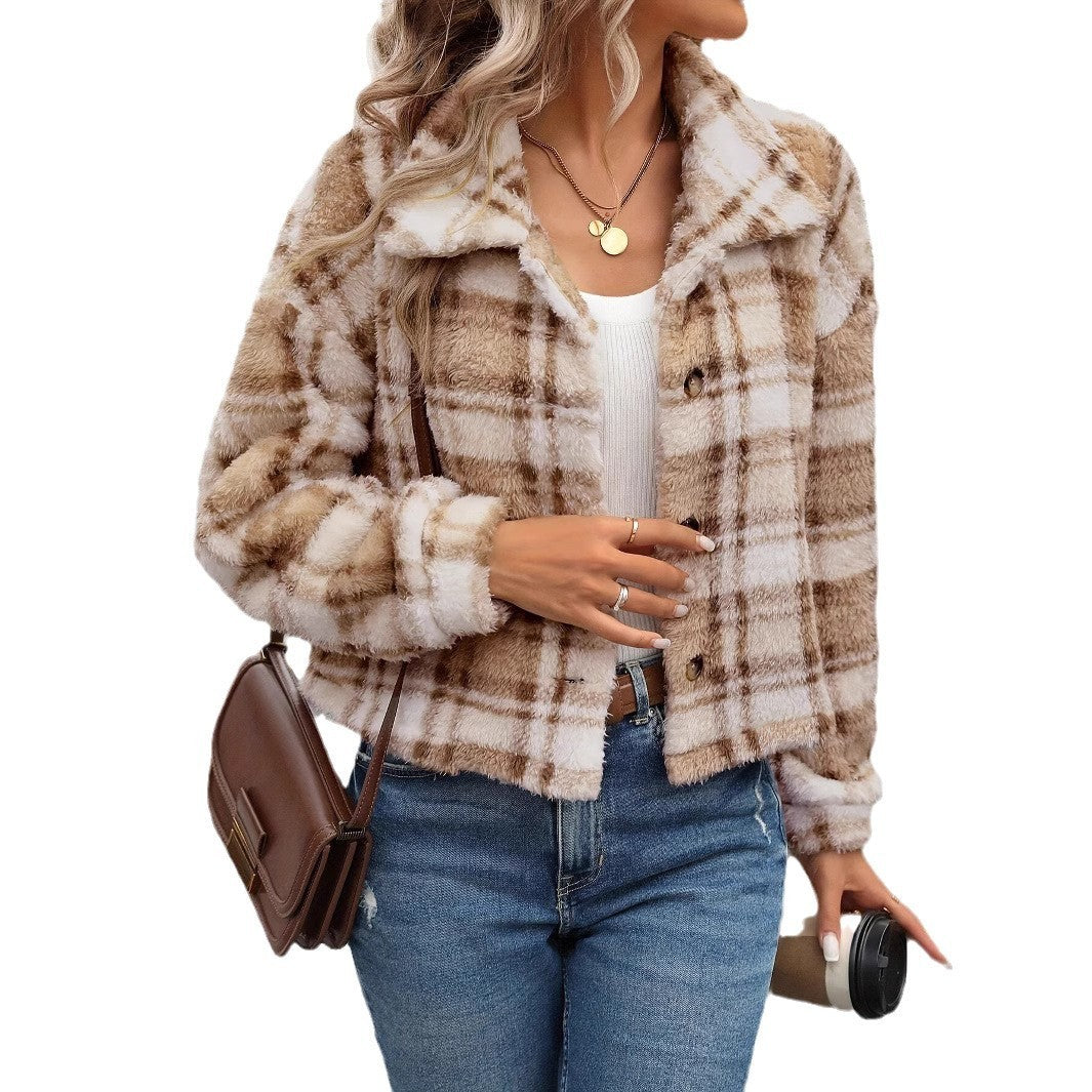 Cozy Plaid Plush Button Up Long Sleeve Cardigan Jacket