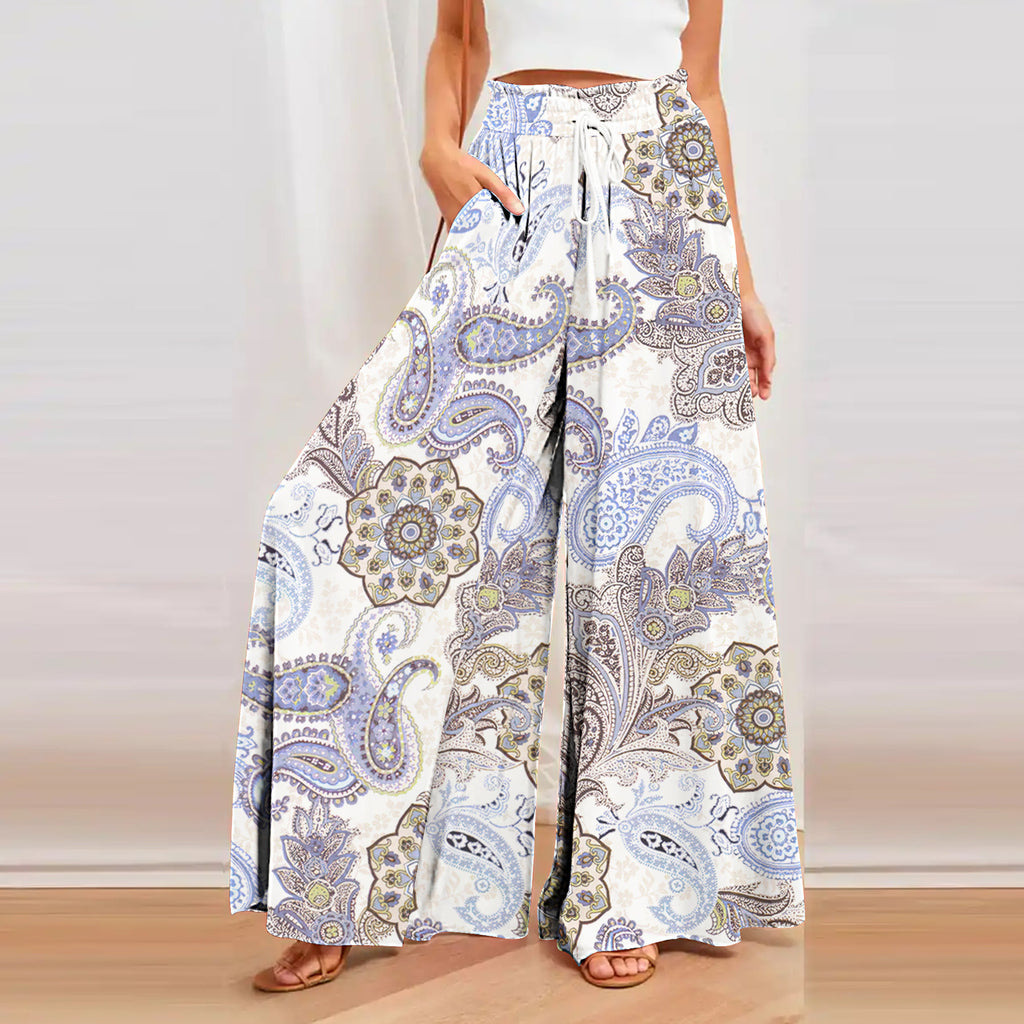 Bohemian Printed Wide Leg Hemp Culottes - Relaxed Fit