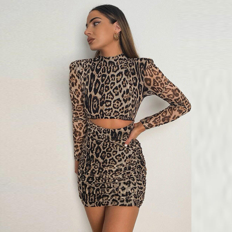 Chic Leopard Print Mesh Long Sleeve Bodycon Mini Dress with Stylish Waist Cutouts