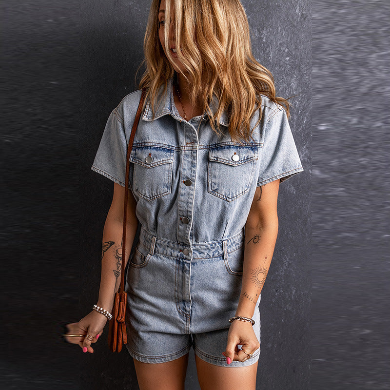 Retro Washed Denim Short Sleeve Romper Jumpsuit Casual One Piece for Women