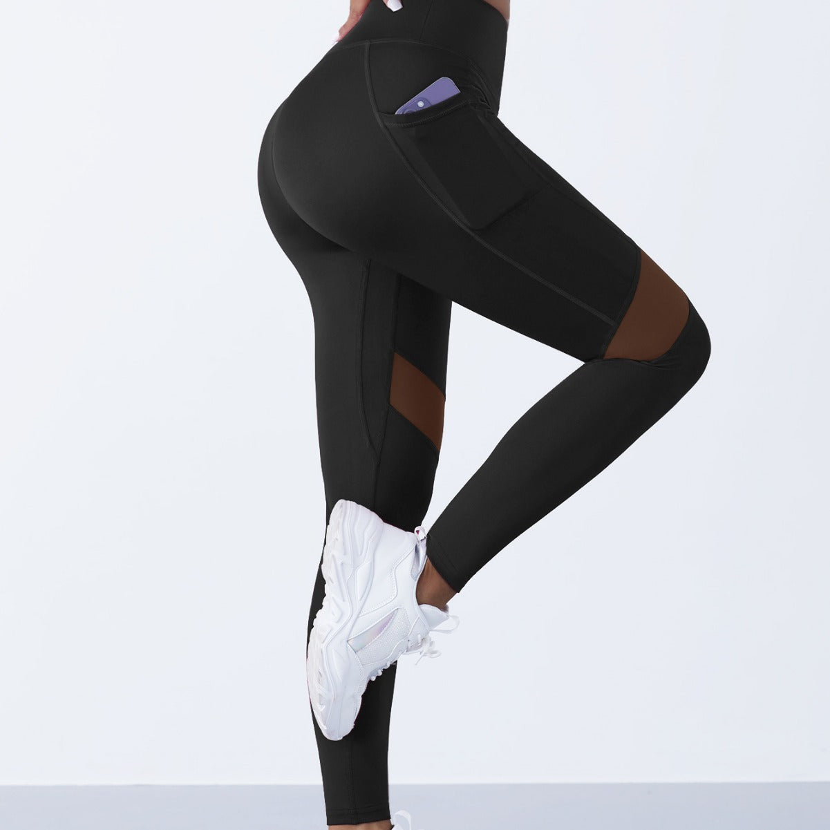 High Waist Mesh Panel Cropped Active Leggings with Side Pocket