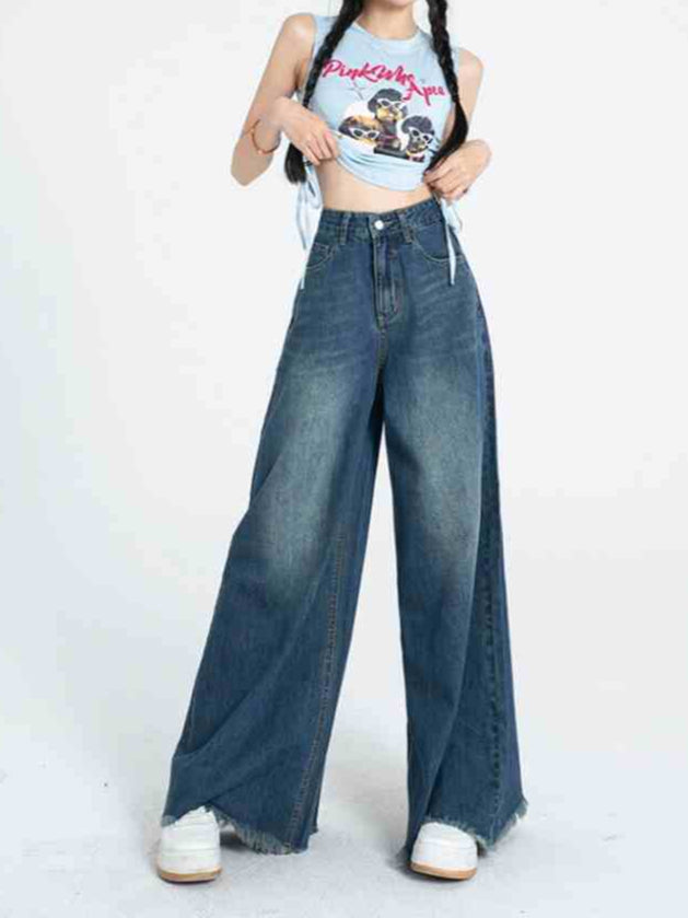 Women's High Waist Wide Leg Jeans - Retro Raw Hem Style