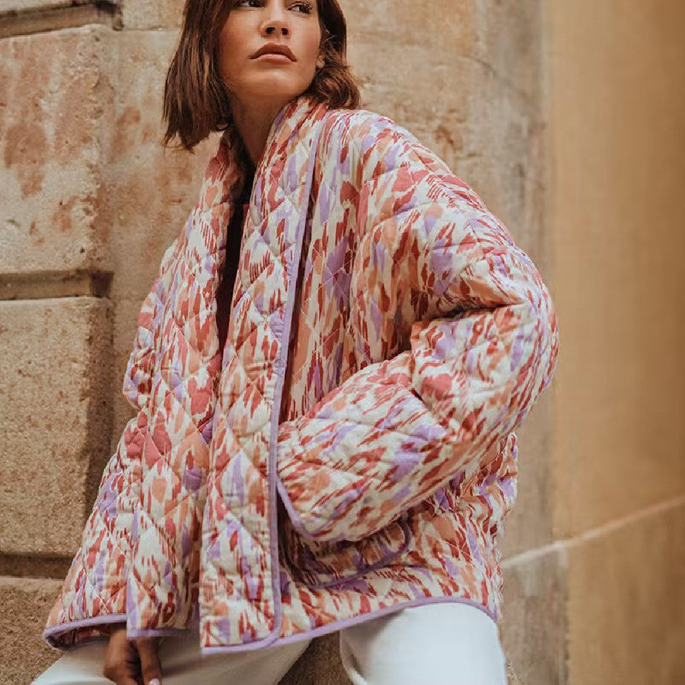 Artistic Retro Printed Quilted Jacket with Lapel Collar and Pockets