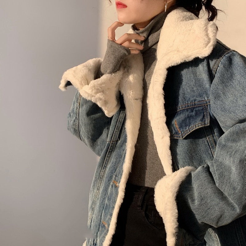 Cozy Plush Lined Denim Jacket with Faux Shearling Collar and Interior