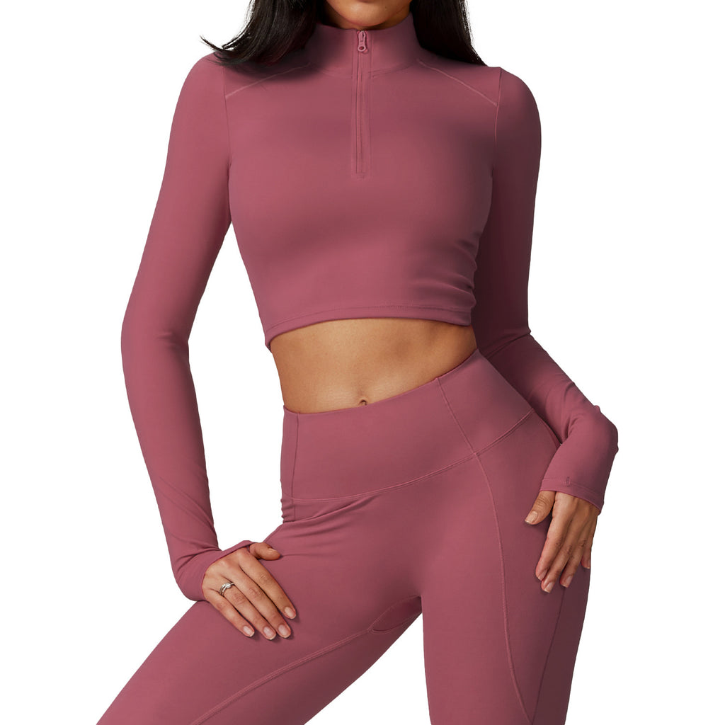 Premium Quality Quarter Zip Long Sleeve Athletic Crop Top for Women
