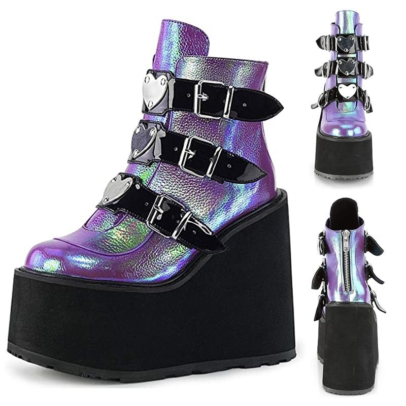 Holographic Platform Wedge Ankle Boots